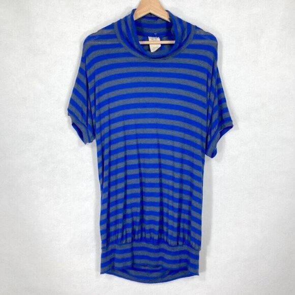 We The Free Free People Short Sleeve Mock Neck Blue And Gray Striped Tunic Top M - Picture 1 of 5